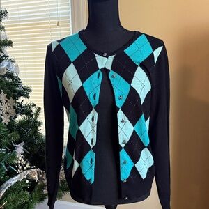 New York & Company Argyle Cardigan - Black and Teal